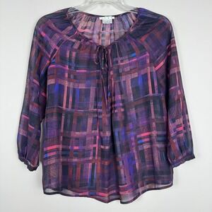 COMO Womens Purple Abstract Plaid Sheer Peasant Blouse Tie Neck 3/4 Sleeve Small